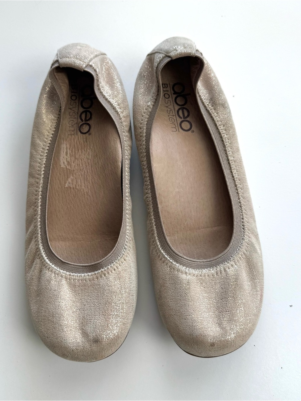 Abeo Tia BIO System Ballet Flats Slip On Beige Metallic Leather Comfort Shoes 6N